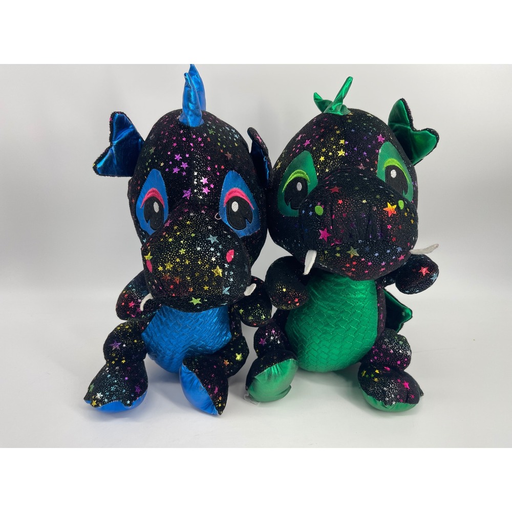 Toy Factory Galaxy Dragon Plush Set 2 Rainbow Metallic Star Black Blue Green 10"